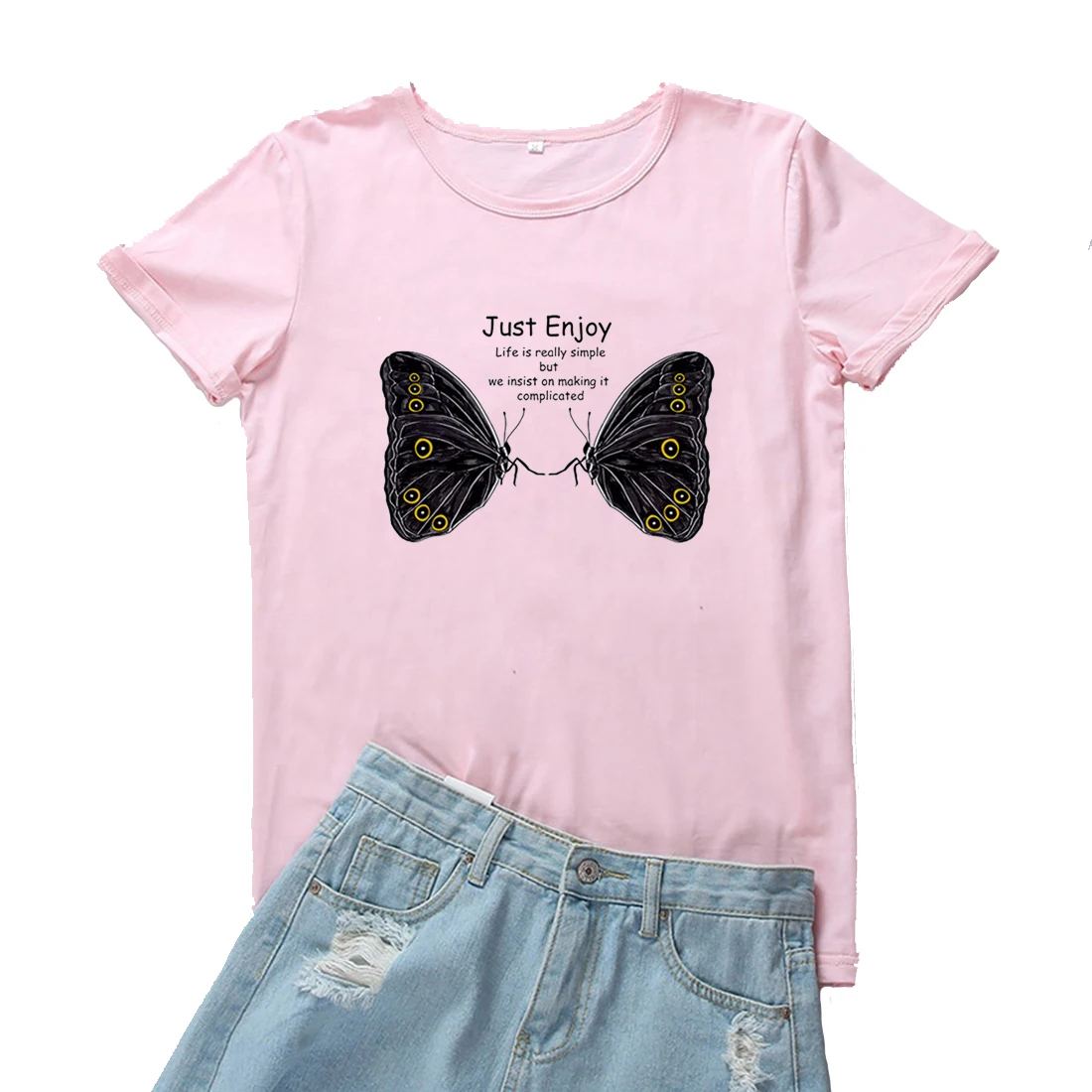 

Just Enjoy Life Is Really Simple Tees Femme Beautiful Black Butterfly Pattern Women Tshirt Fashion Aesthetic T Shirt for Womens
