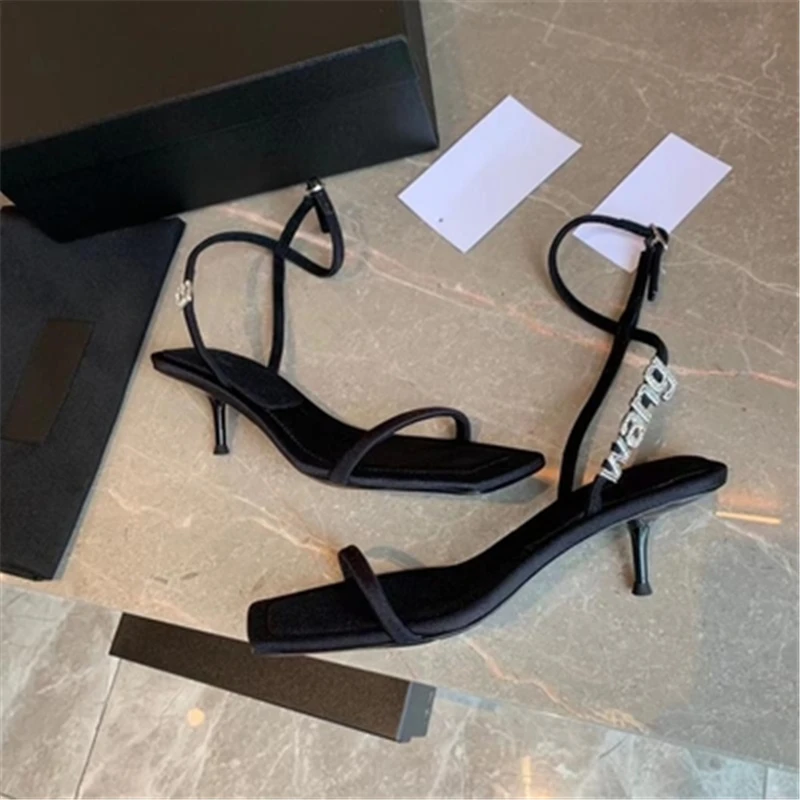 2023 European and American women's high heels sandals with rhinestone letter buckle and square toe