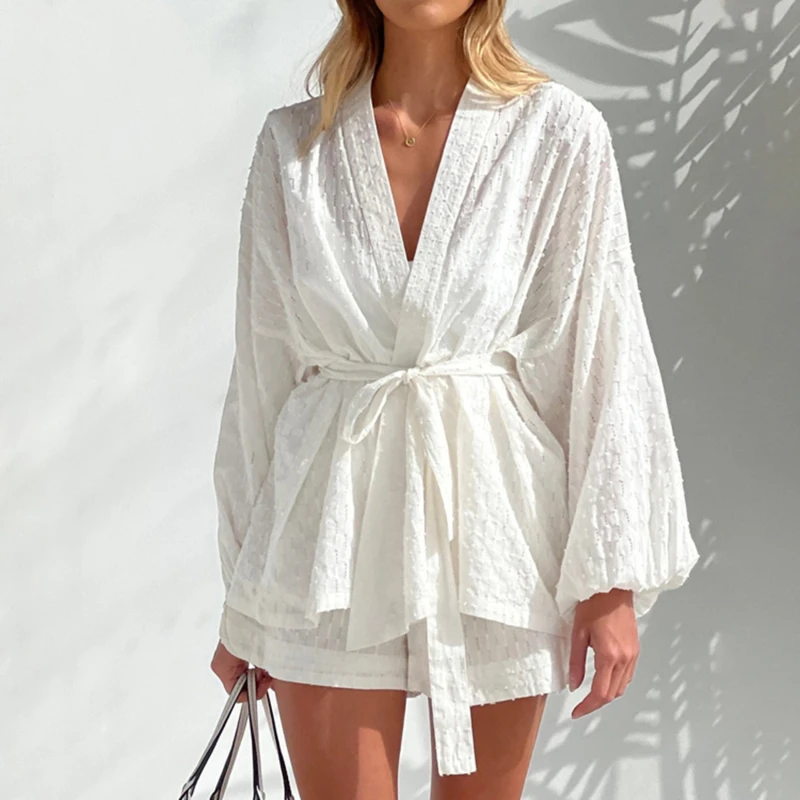 

Fashion Long Sleeve Robes Top Two Piece Sets Womens Outifits Autumn Casual White Home Suit Elegant Shorts Women'S Sets