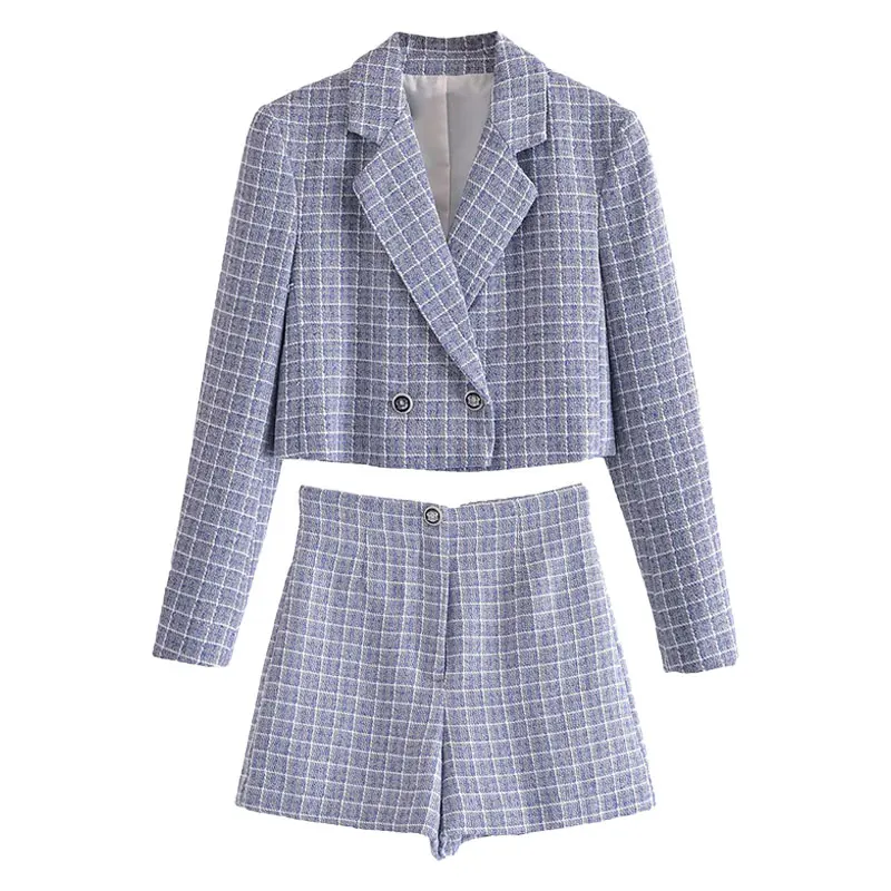 

Women's Suits With Shorts 2022 Fashion Casual Plaid Cropped Blazer Jacket High Waist Shorts Suit Woman 2 Pieces Female Sets
