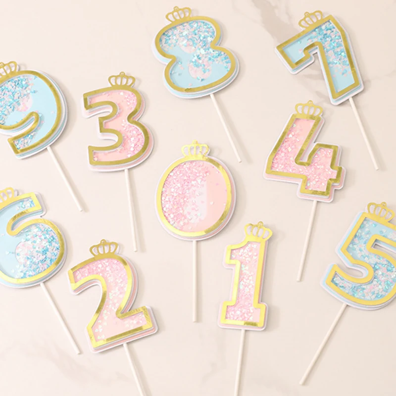 

0-9 Crown Sequin Digital Cake Topper Happy Birthday Cake Decoration Girl Boy 1 2 3 Years Birthday Party Baby Shower Anniversary