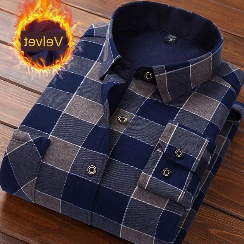 Autumn Winter Mens thermal shirt Long Sleeve Plaid Warm Thick Fleece Lined Shirt Fashion Soft Casual Flannel Shirt size 6XL