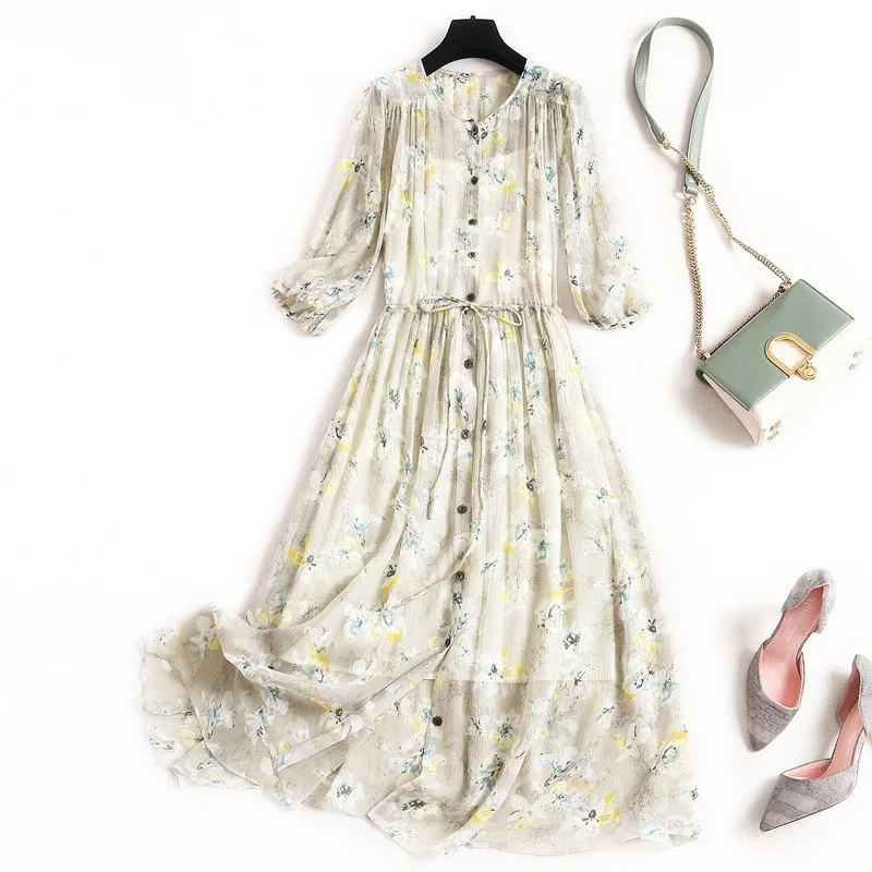 

100% Silk Summer Dress 2022 Elegant Floral Dresses for Women Korean Fashion Midi Dress Two -piece Vestido De Mujer LW5021