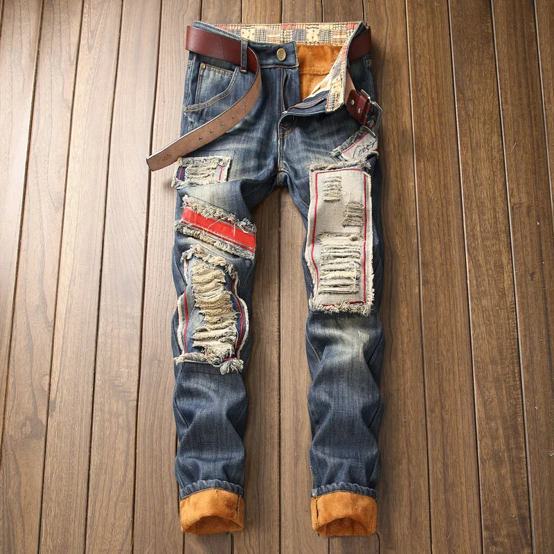 Men High Quality Patchwork Ripped Jeans Distressed Denim Trousers Male Winter Biker Vintage Fleece Jeans Regular Fit Long Pants