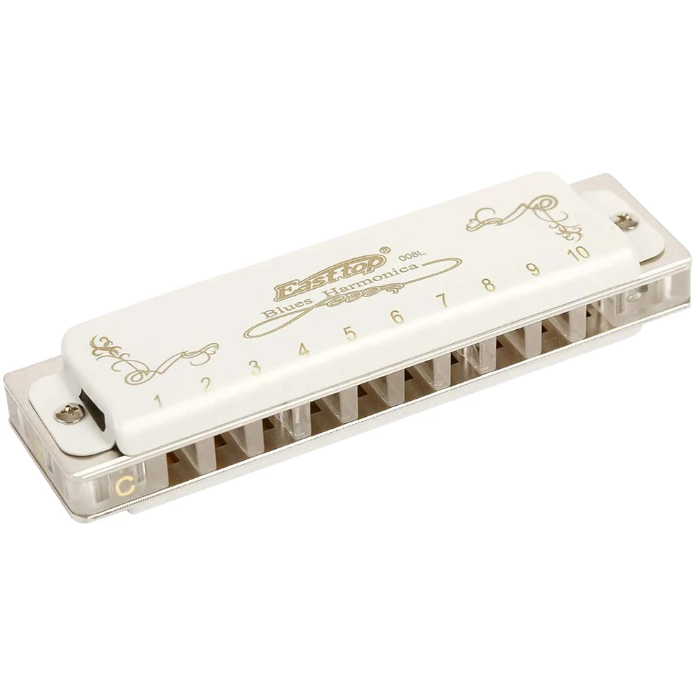 

Easttop Blues Harmonica 10 Holes Diatonic White Cover Transparent Acrylic Comb Brass Reedplate T008L With Valve T008LS Harp