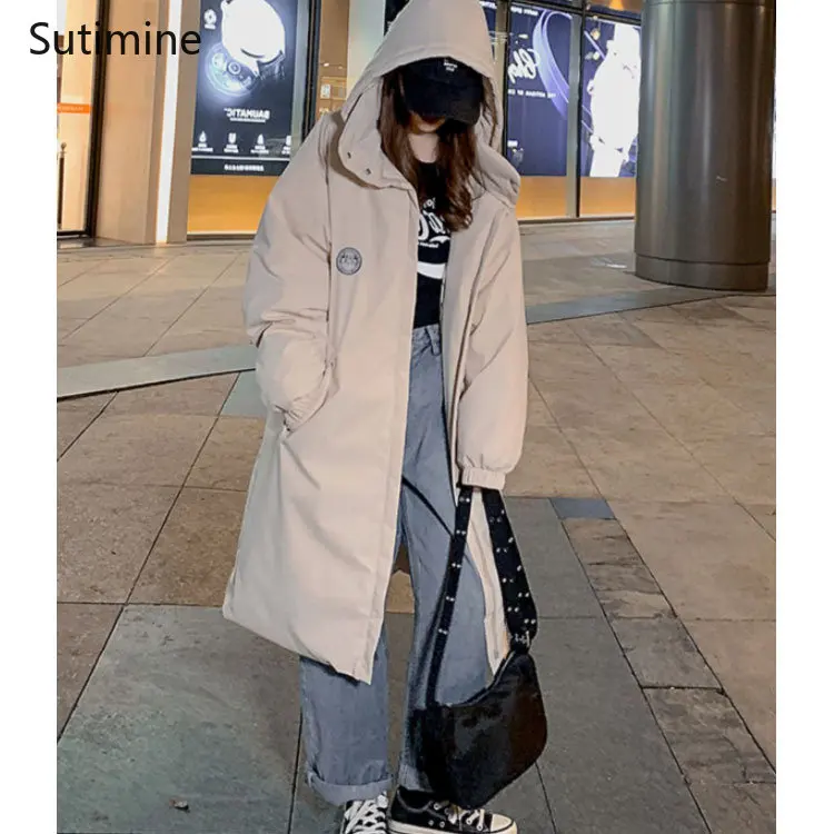 2022 Winter Coat Women Office Lady Pockets Hooded Women's Cotton Padded Clothes Medium Length Loose Over The Knee Zippers Coat