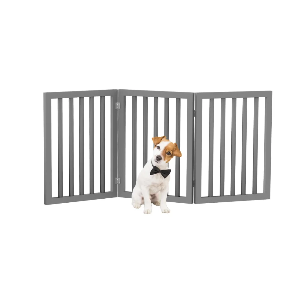 

Indoor Pet Gate - 3-Panel Retractable Dog Gate for Stairs or Doorways - 23.75-Inch-Tall Freestanding MDF Wood Folding Pet Fence