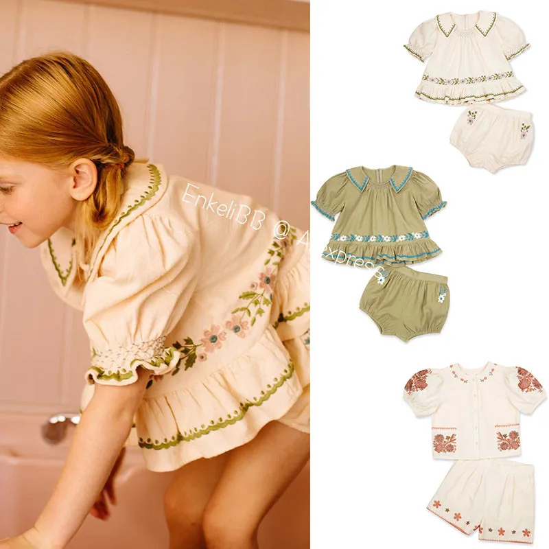 

EnkeliBB Beautiful Toddler Girls Summer Sets Flower Embroidery Blouse and Bloomers Suits Vintage Children Summer Clothing Suits