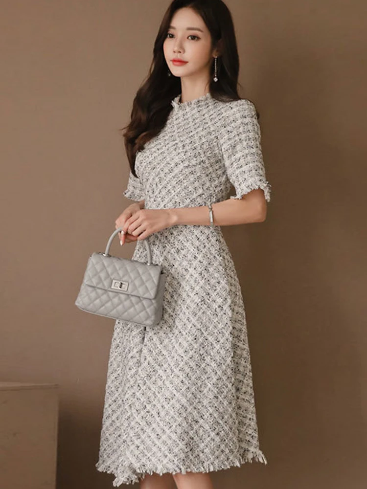 Women Fashion Chic Party Dress Luxury Casual Crew Neck Short Sleeve Plaid Slim Gown Robe Ladies Elegant A-Line Vestidos