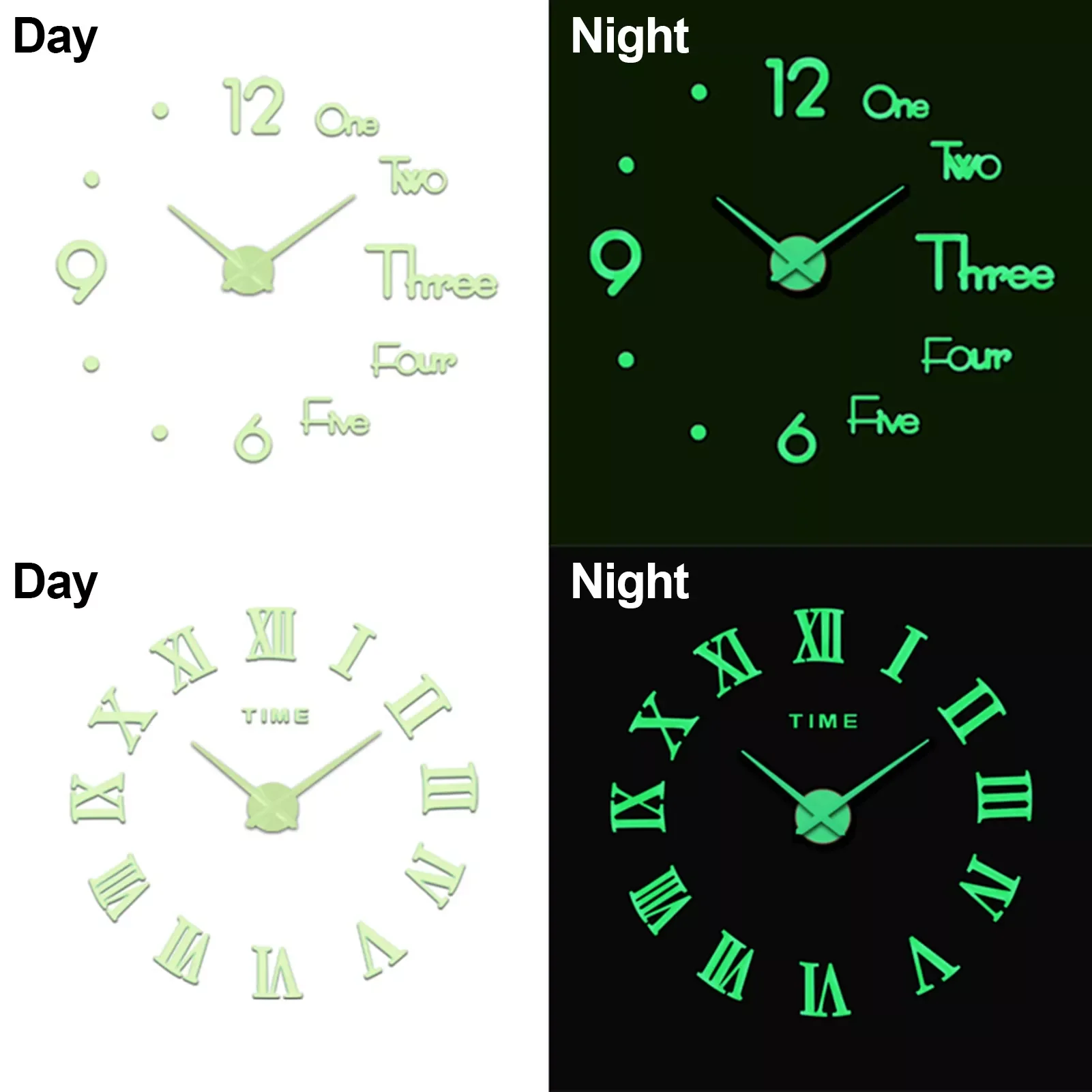 

Night Light Wall Clock 3D DIY Frameless Wall Decoration Clock Luminous Stickers Non-Ticking DIY Wallclock Sticker Living Room
