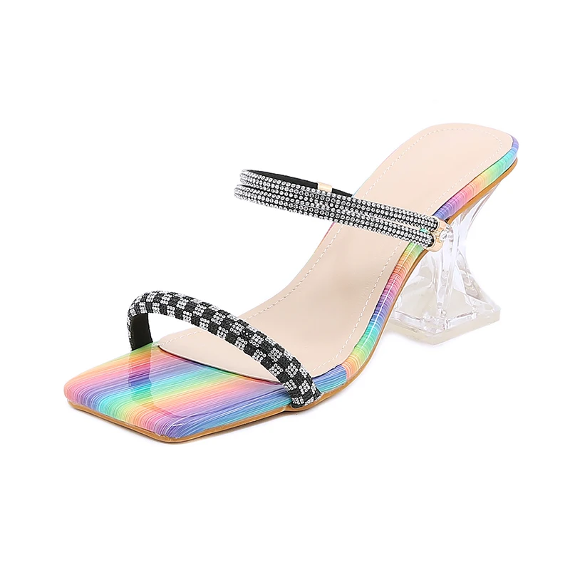 Fashion Rainbow PVC Transparent Crystal Heels Open Toe Hollow Square Toe Lattice Rhinestone Strap Women's Slipper Sandals 2 Wear
