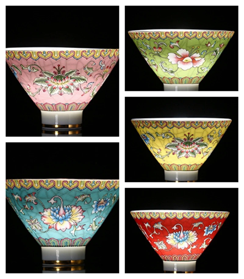 

Color Enamel Ceramic Tea Cup Pink Yellow Green Blue Red Bamboo Hat Porcelain Tea Cup Chinese Ceramic Tea Set