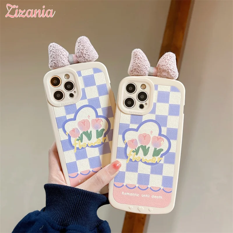 

Lovely Fashion Purple Grid Flowers Pink Bowknot Phone Case For iPhone 13 12 11 Pro XS Max X XR 7 8 Plus Cover Girl Cute Sweet