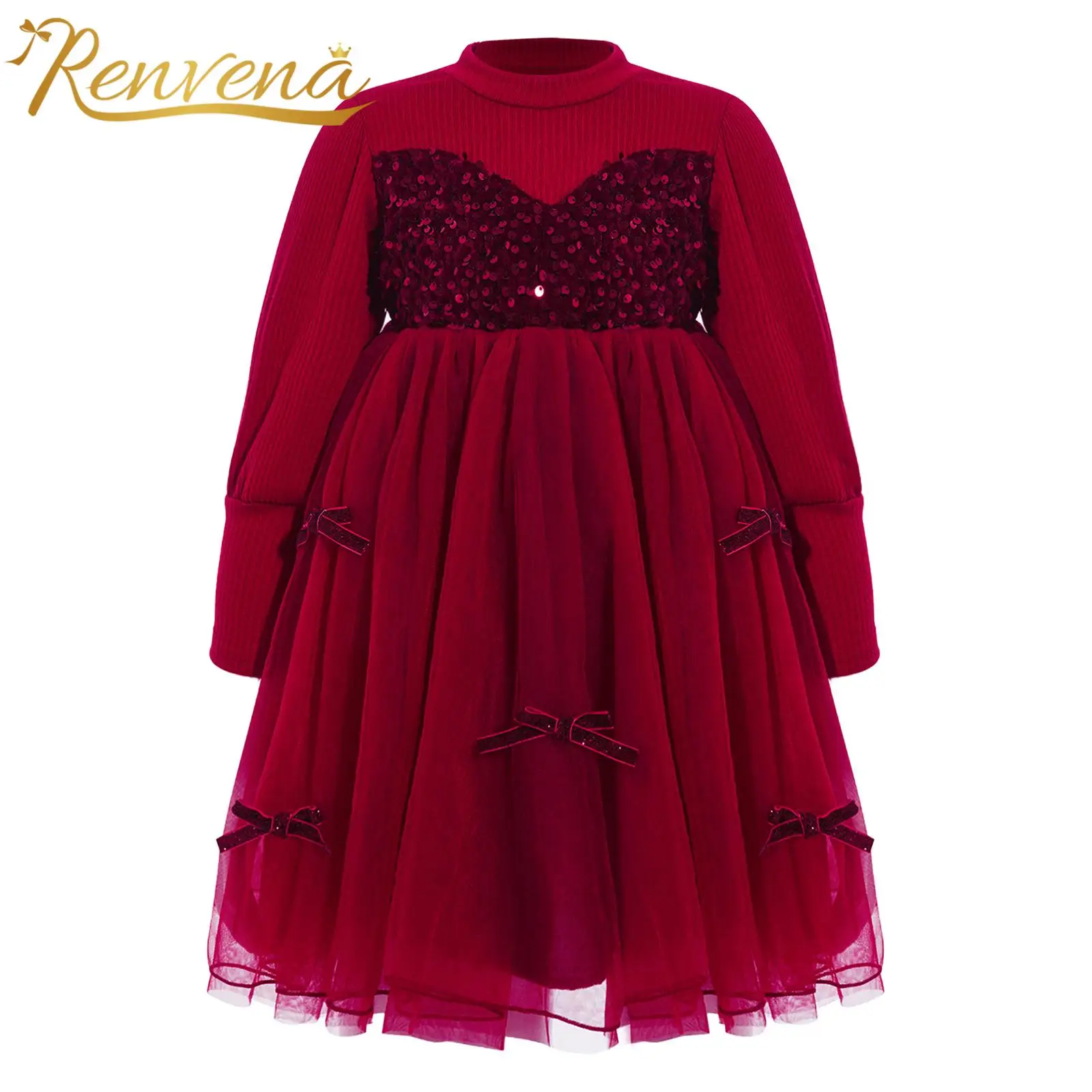 

Toddler Girls Shiny Sequin Bowknot Party Dresses Long Sleeve Tulle Tutu Dress for Birthday Party Banquet Flower Girls Clothes