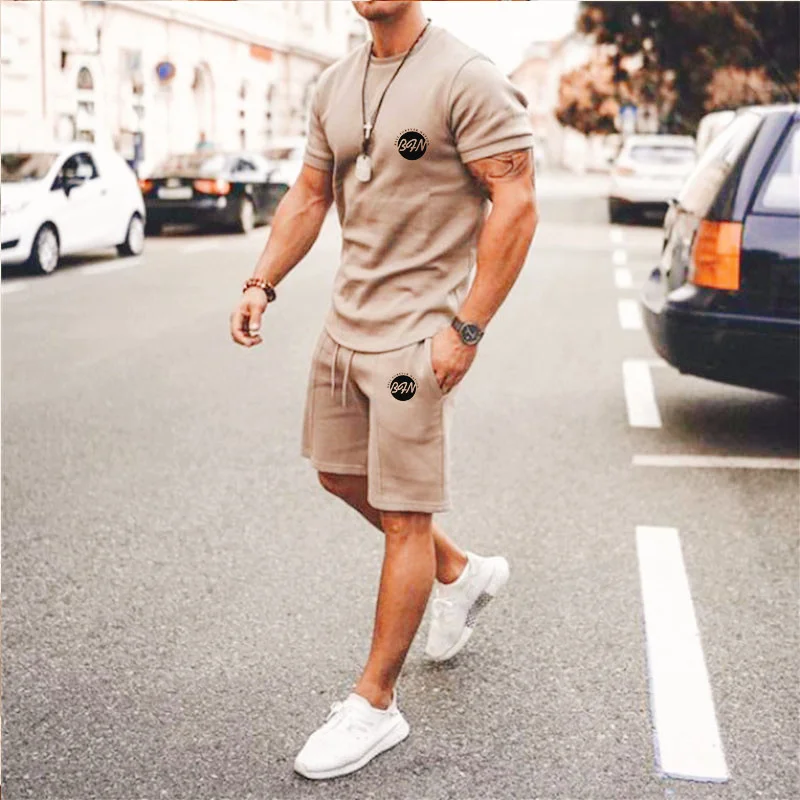 

Dinboa3d Printing Pattern Men's Sportswear Casual Suit Solid Color Letters Short Sleeve T-shirt + Shorts Two-piece Fashion Trend