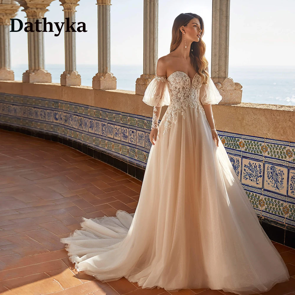 

Dathyka Elegant Sweetheart Wedding Dress For Marriage Appliques A-LINE Long Sleeve Sparkly Tulle Abito Da Sposa Custome Made