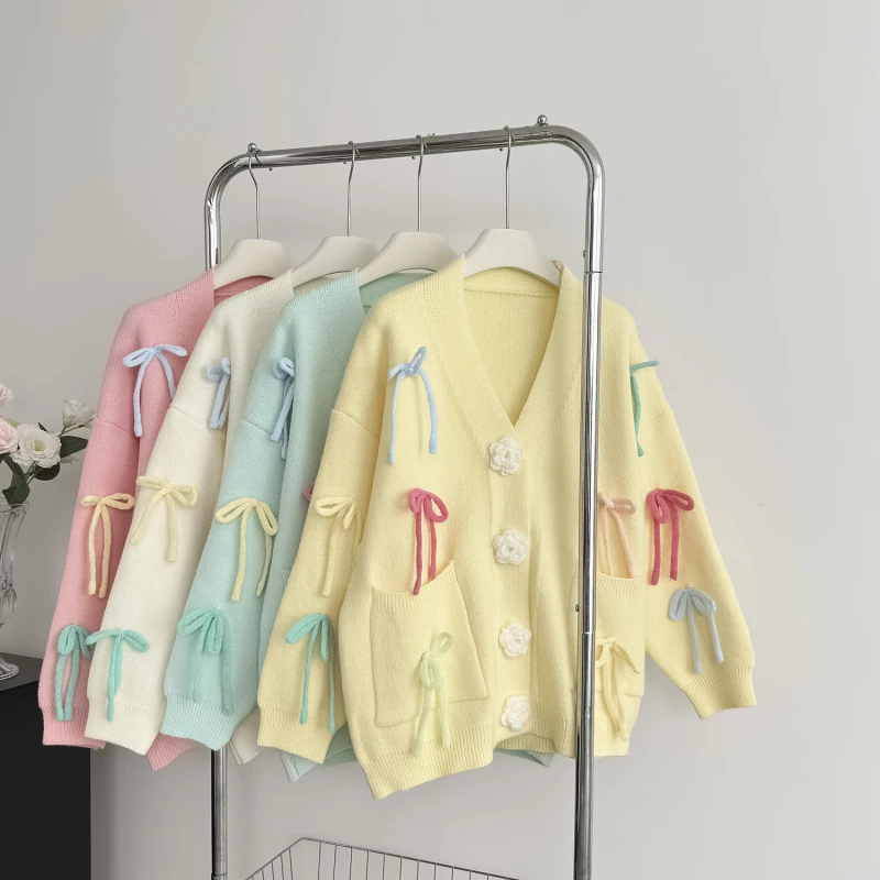 Осень 2024 вязаная одежда weet яркий свободный однобортный свитер с трехмерными