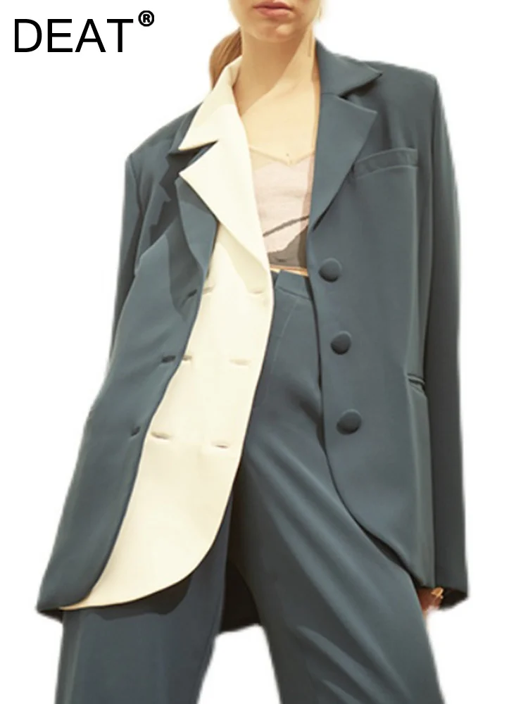

[DEAT] Women Blazer Patchwork Fake Two Pieces Elegant New Lapel Long Sleeve Loose Fit Jacket Fashion Tide Spring 2023 13DA4081