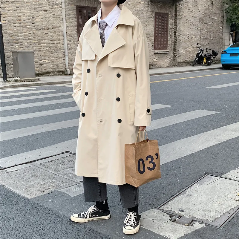 

Trench Men Design Pockets Solid Double Breasted Oversize Leisure Teens Long Coats Sashes Stylish Outwear Hombre Korean Style BF