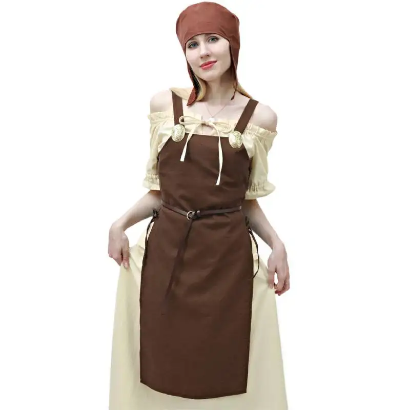 

DAZCOS Women Medieval Strappy Apron Linen Side Lace Up Over Dress with Vintage Brooches and Belt Retro Viking Costume