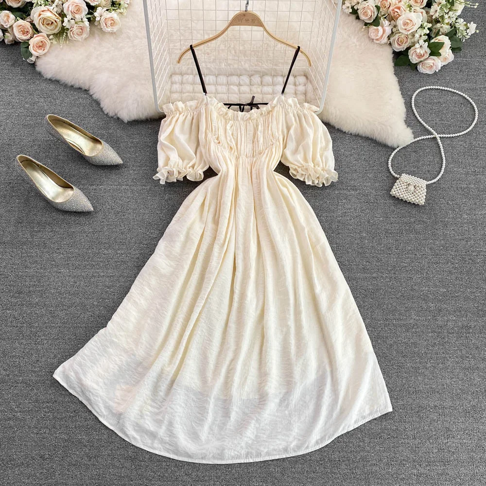 

Французское платье на подтяжках с надписью «First Love» 2022 летнее модное супер сказочное платье трапециевидной формы с открытыми плечами и талией для похудения