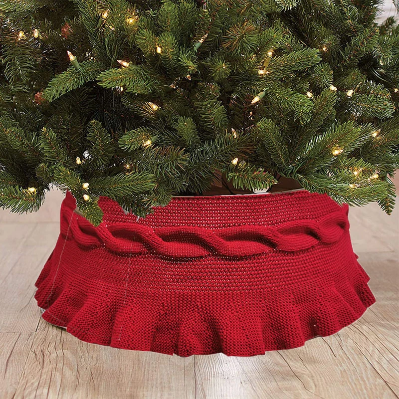 

Christmas Tree Skirt Twist Pleated Base Collar Around Xmas Home Decor Red Single Knitted Tree Bottom Decorative Apron