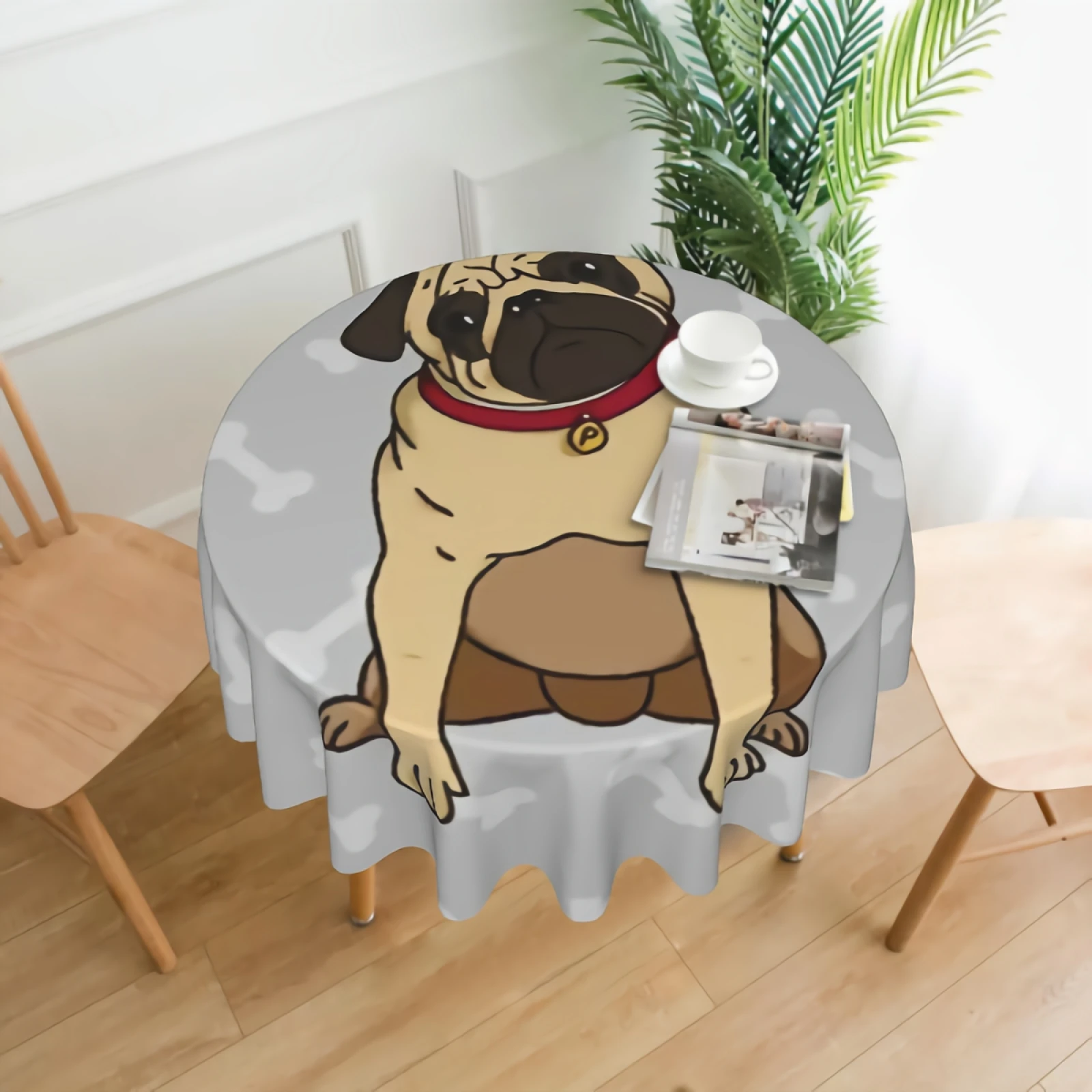 

Pug Dog Puppy Round Tablecloth Waterproof Puppy On Bone Background Table Cloth Cover Washable 60" Dining Decorative