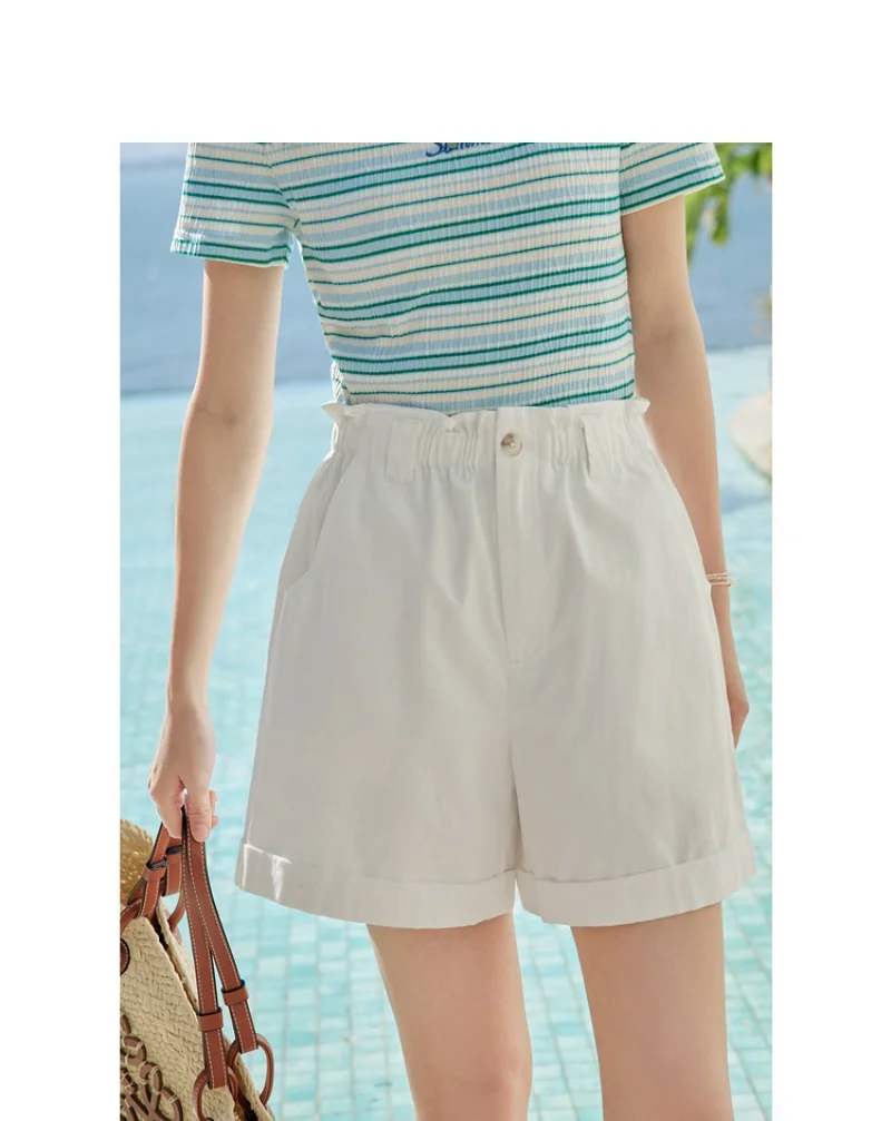 2023 Summer Elastic High Waist Shorts for Women Casual Loose Wide Leg Shorts Solid Female A-line Pockets Shorts Wide leg pants
