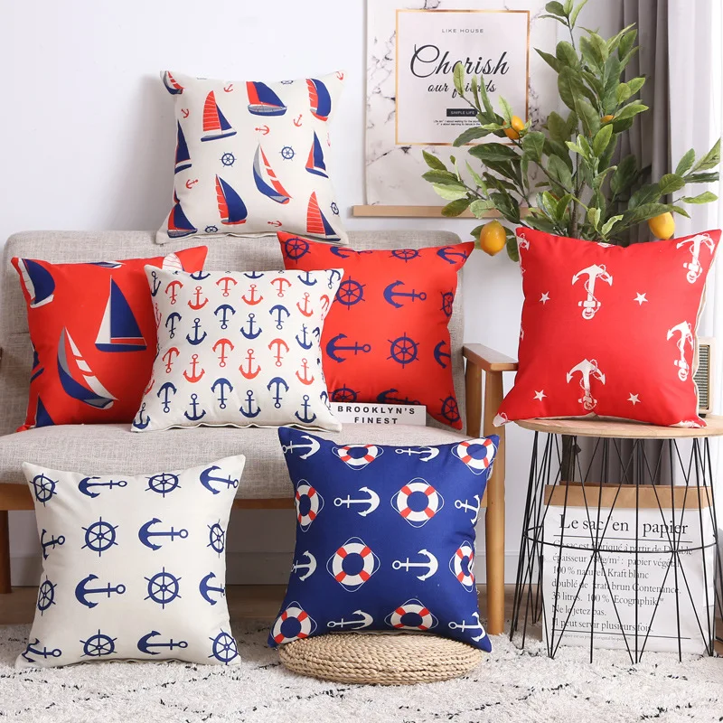 

Квадратная синяя наволочка с принтом компаса, наволочка с якорем, морской корабль, декоративная наволочка, подушка