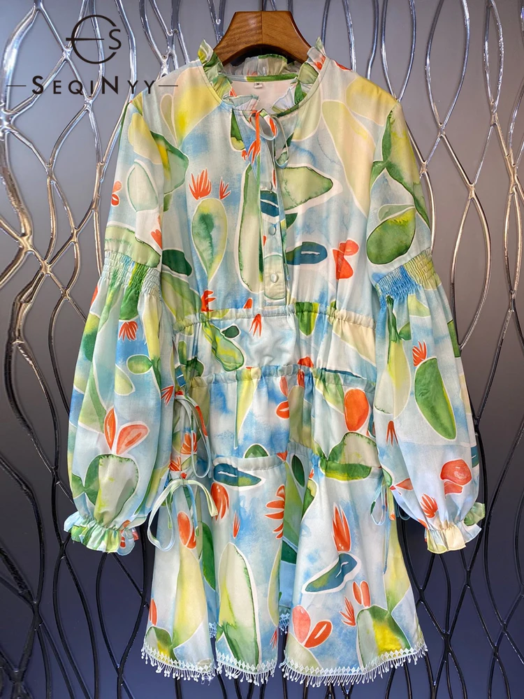 

SEQINYY Casual Mini Dress Summer Spring New Fashion Design Women Runway Lantern Sleeve Light Blue Fruit Print High Street