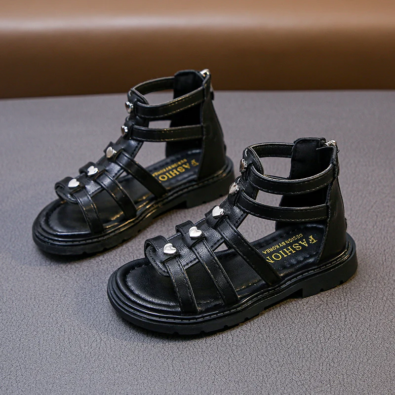 

Girls Sandals Children Gladiator Sandals for Big Kids Girls Princess Summer Sandals Rivets Heart Shape Back Zipper Fashion 2022