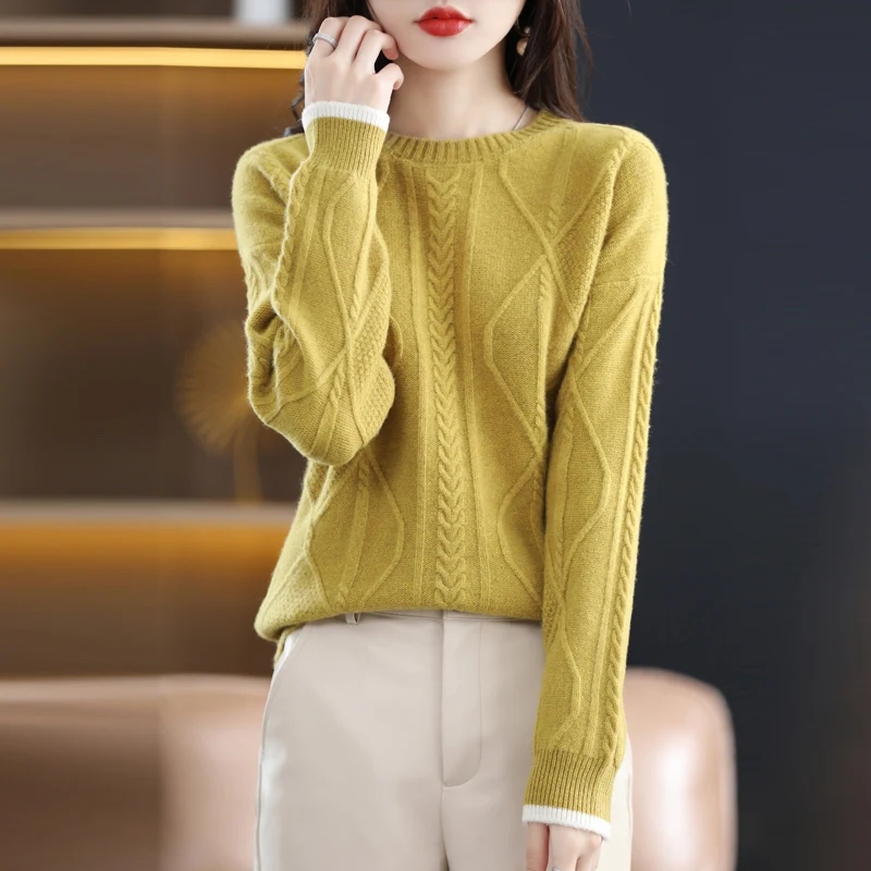 New Autumn And Winter 100% Pure Wool Round Collar Loose Thickened Twisted Sweater Lazy Cashmere Knit Bottoming Shirt