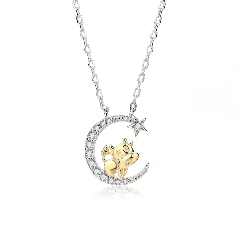 Женское ожерелье из серебра 925 пробы, с подвеской в виде Луны и крупного рогатого скота