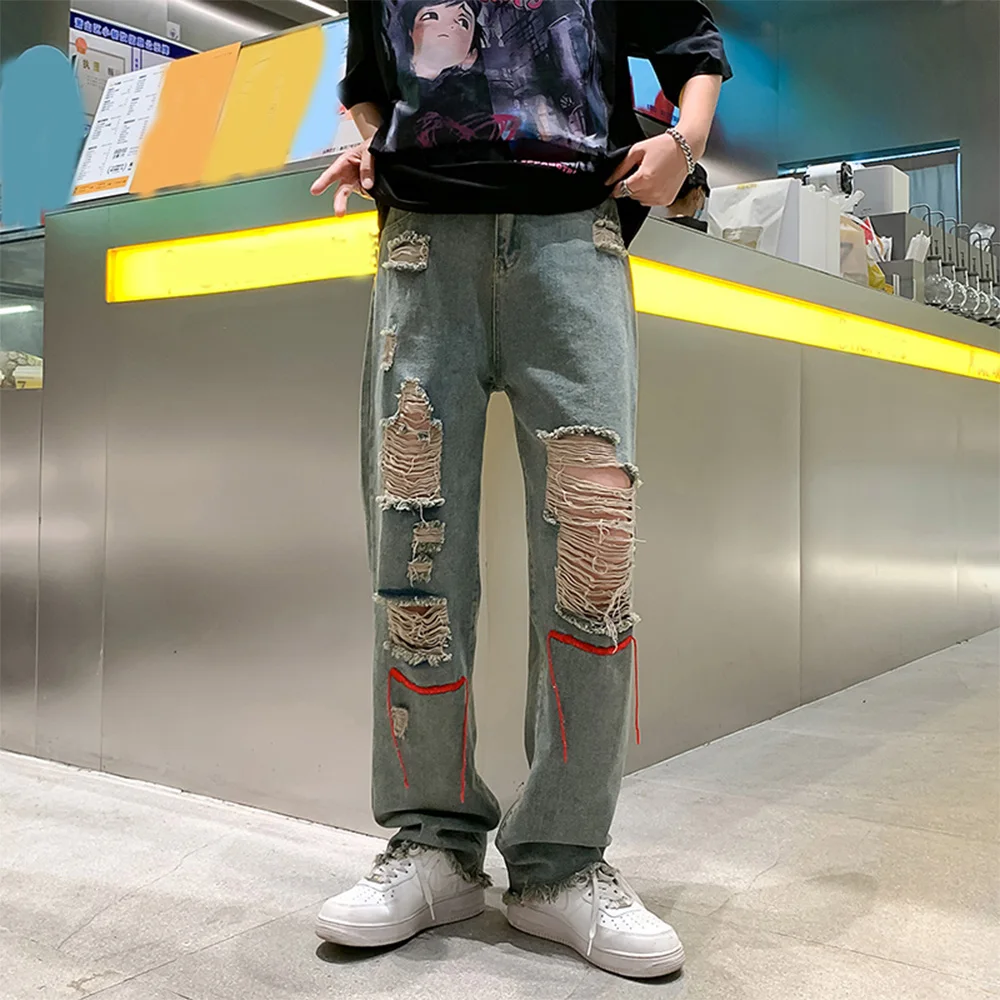 Men Y2k Jeans Baggy Ripped Fashion Vintage Blue Hole Pants Casual Gothic Straight Hip Hop Male Denim Streetwear Clothes