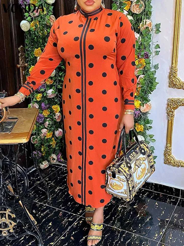 

Осеннее богемное платье VONDA 2022 с длинным рукавом и воротником-стойкой, винтажный Повседневный Свободный Длинный Сарафан в горошек