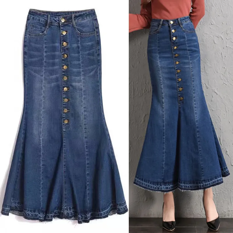 Женская джинсовая юбка с высокой талией, длинная эластичная однобортная юбка-годе на весну