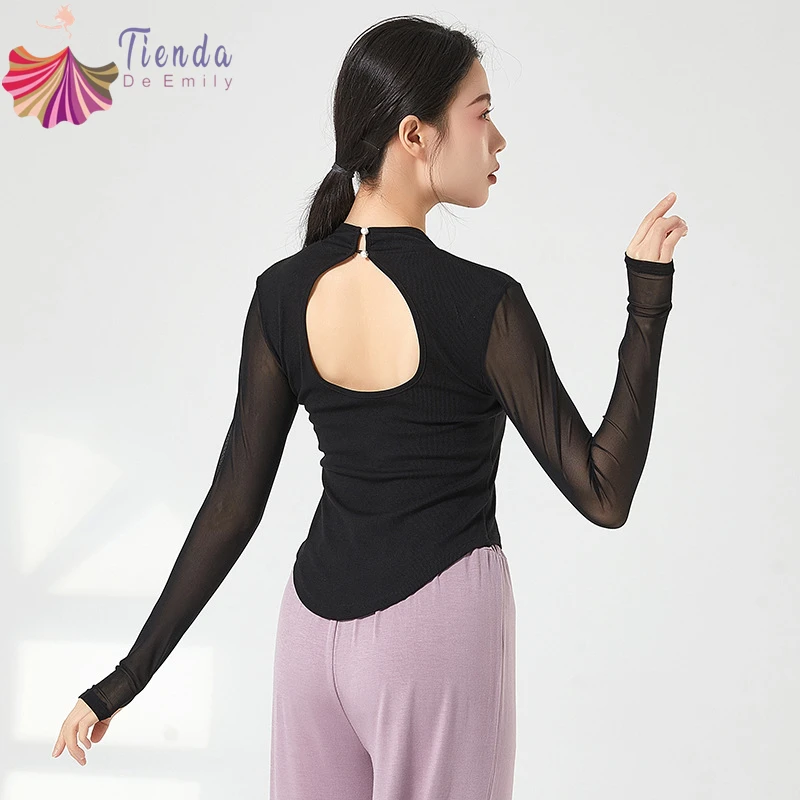 Топ для классических танцев одежда тренировок Женская сетчатая рубашка с