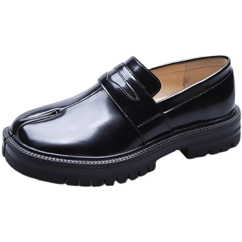 

Leather Loafers One-Pedal Horseshoe Shoes Pig Feet Split-Toed Shoes Casual Lace-Up Thick-Soled Heightening Women's Single Shoes