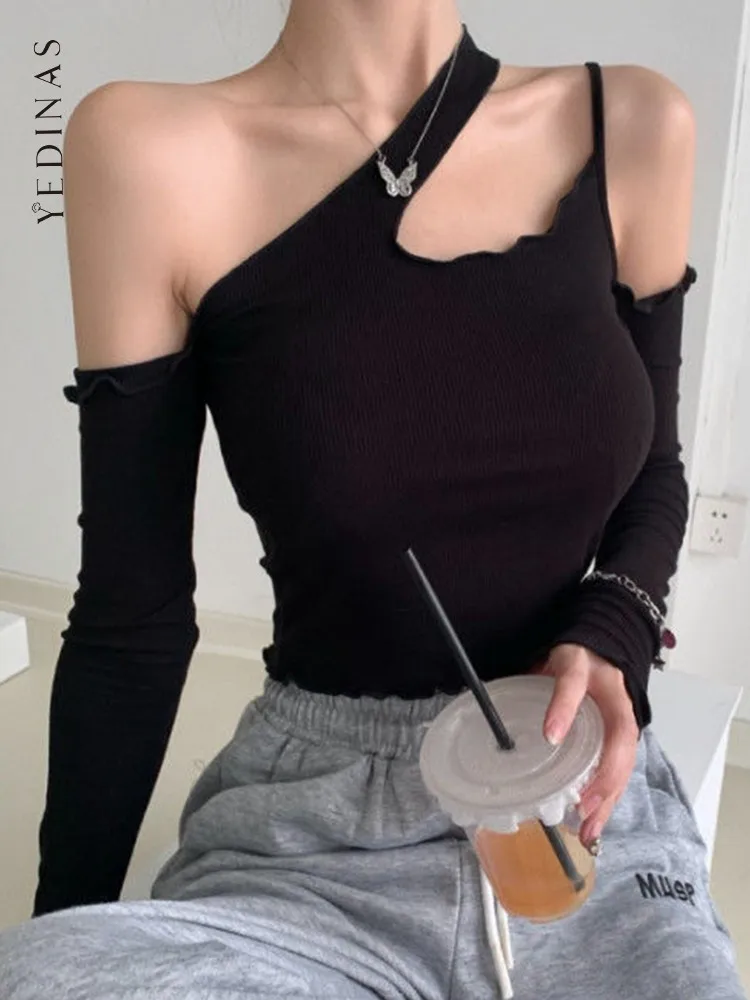 

Yedinas Streetwear Slim T Shirt Women Y2k Sexy Off The Shoulder Tops For Women Black Hollow Out Tee Shirt Femme Korean Style