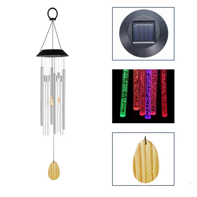 

New Outdoor Solar Acrylic Stick Wooden Wind Chime Light Colorful Gradual Rotating Wind Chime Courtyard Pendant Lamps