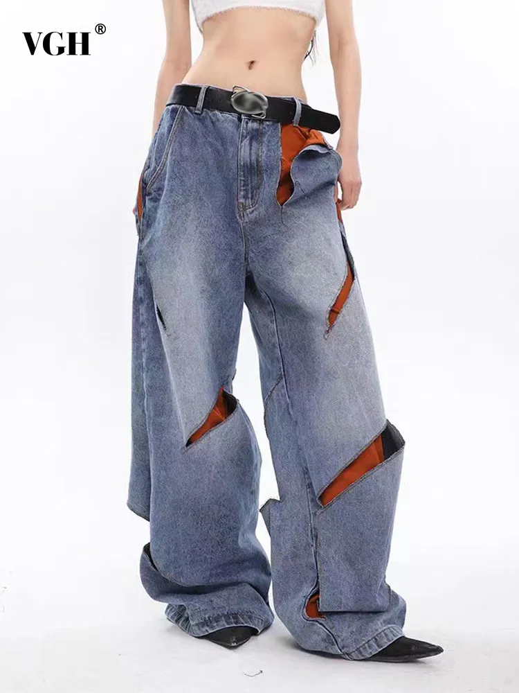 

VGH hit color hollow out denim trousers for women high waist patchwork pocketloose streetwear full length pants female fashion