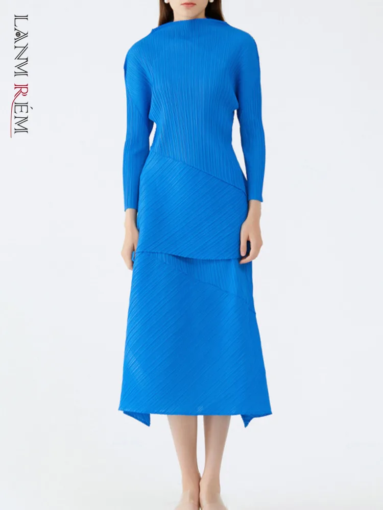 

LANMREM Women Pleated Long T-shirt Solid Color Half Sleeve Straight Turtleneck 2022 Summer Fashion Female Clothing 2I379