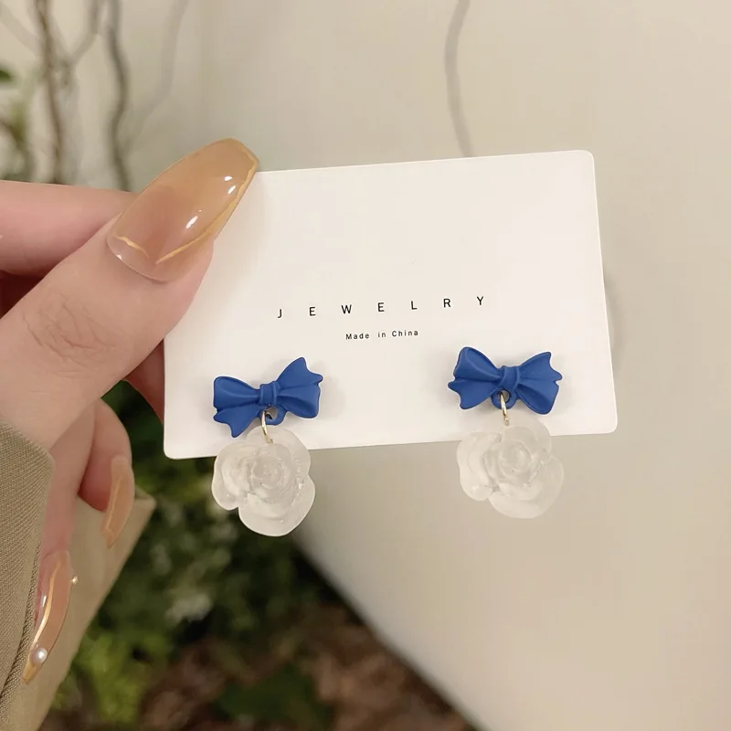 

New Flowers Bowknot Blue Earings for Women Temperament Rose Luxury Earrings Jewelry