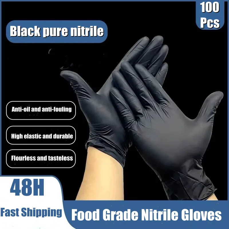 

100 Pcs/Box Black Disposable Latex Gloves Oil-Proof Nitrile Gloves For Work Kitchen Household Washing Dishes Garden Cleaning