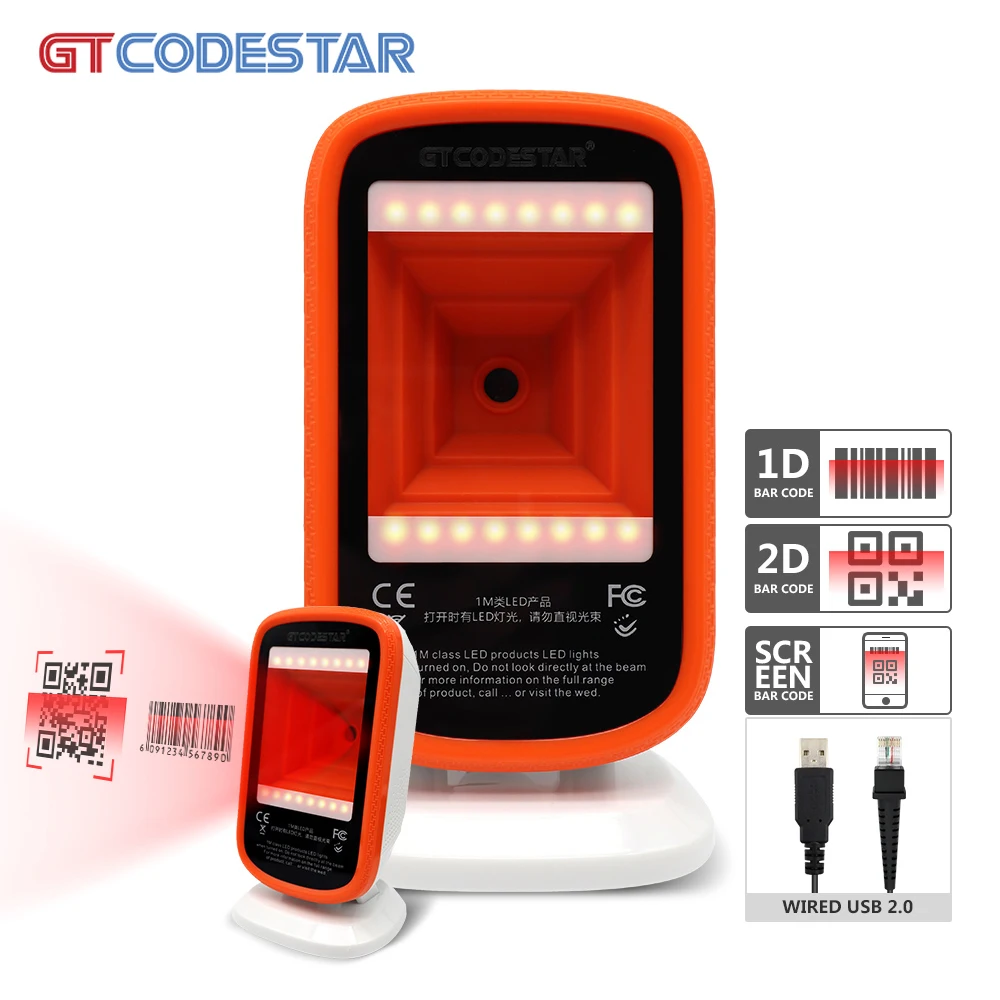 Сканер штрих-кода GTCODESTAR ручной работы 1D 2D, настольный всенаправленный считыватель QR-кода для супермарка