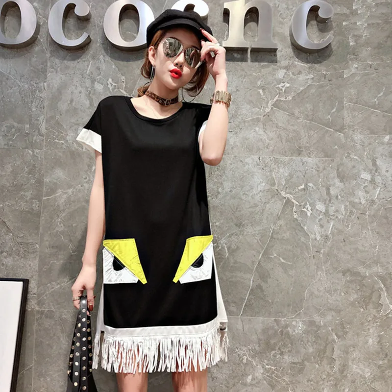 

Summer Dress Girl Cartoon Appliques Long Tops Tassels High Street T Shirt Loose Black White Spliced Patchwork Womans tops SY005