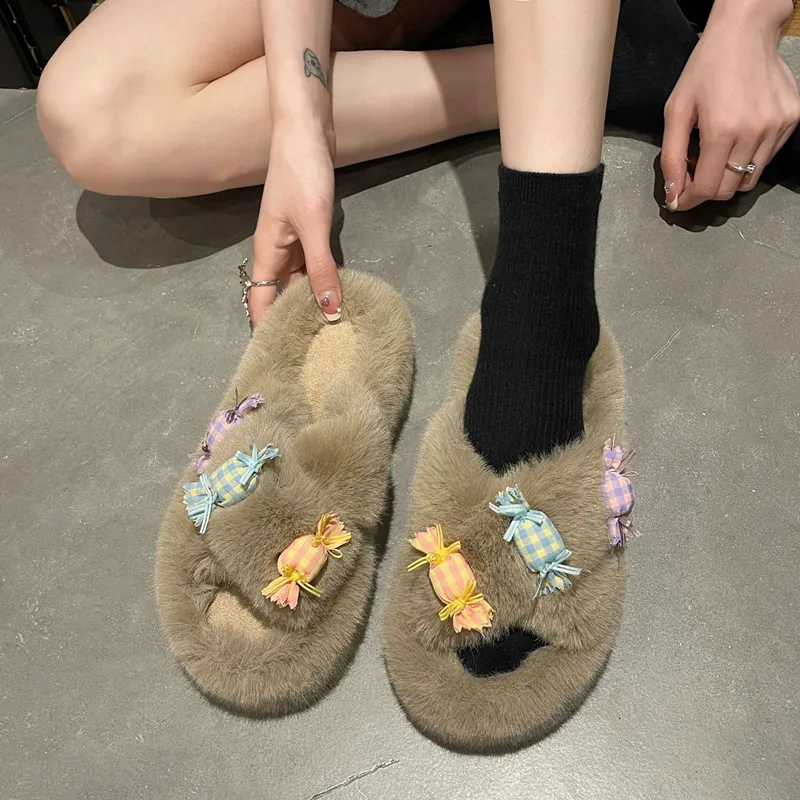 Open Toe Fluffy Slippers Women Winter Warm Flat Shoes Multicolored Faux Fur Outdoor Slippers Cross Plush Flip Flops Woman