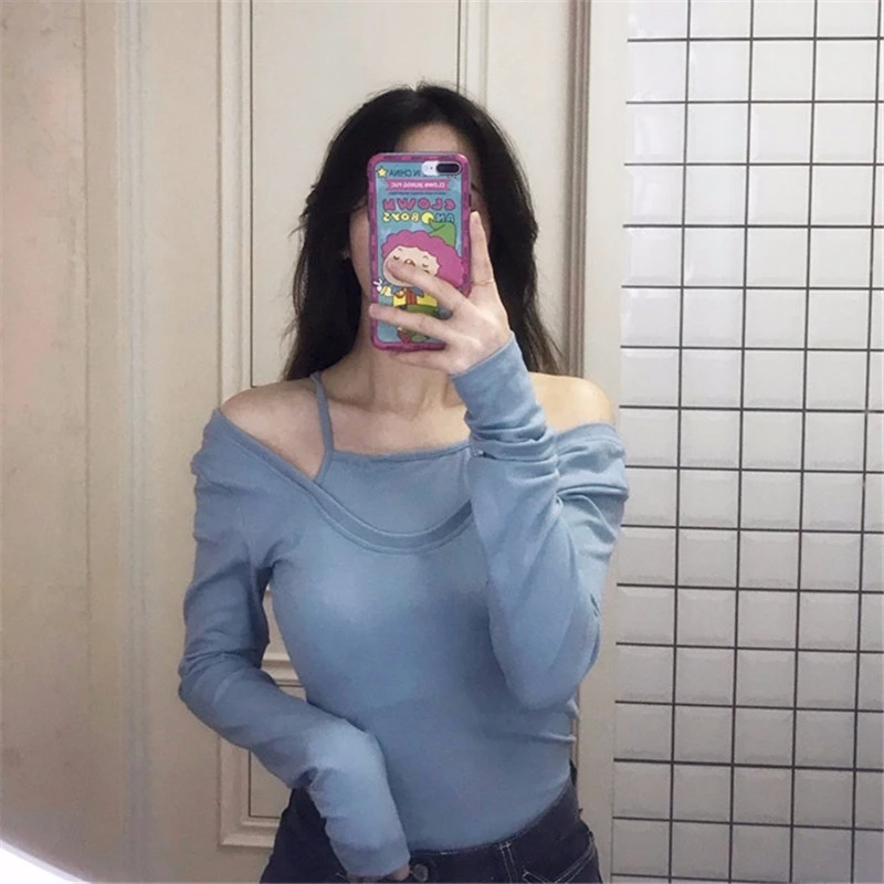 

Korean Fashion Cotton Autumn Long Sleeve Women's T-shirts Fake Two-piece Suspenders Tops Elegant Slim Ladies Bottoming T Shirt