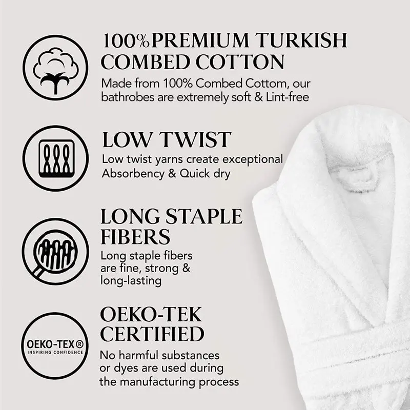 Men`s Shawl Bathrobe 100% Luxury Turkish Combed Cotton with Pockets