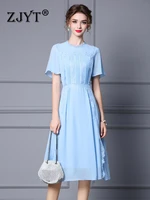 zjyt elegant designer lace patchwork chiffon summer dress women 2022 short sleeve blue party vestidos office lady work wear